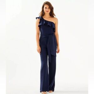 Lilly Pulitzer Navy Blue Lyra One Shoulder Ruffle Crepe Jumpsuit Size 8